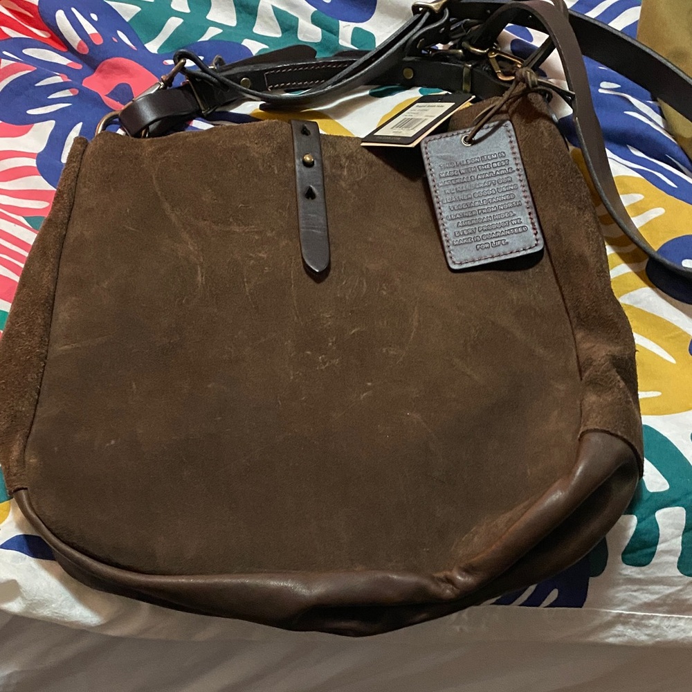 Filson Dark Brown Suede Hobo Bag. New with tags and dust bag.